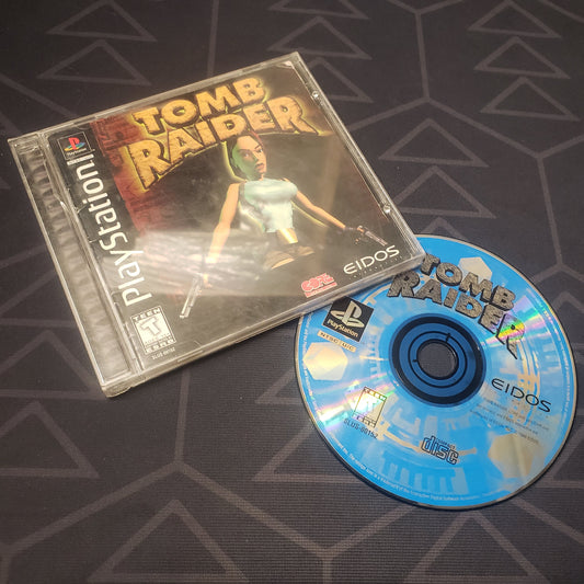 Image shows the jewel case with manual and disc for the video game Tomb Raider for Playstation 1