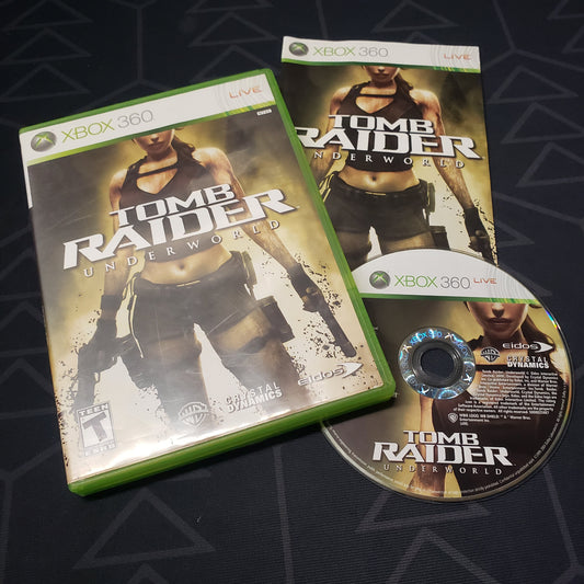 Image shows the case, manual and disc for the video game Tomb Raider: Underworld for Xbox 360