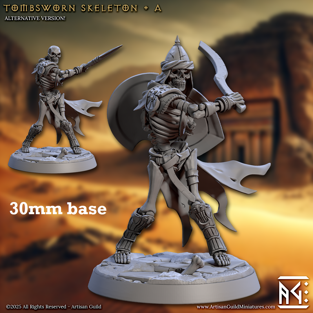Image shows 3D renders of two sculpt options for a skeleton warrior gaming miniature.