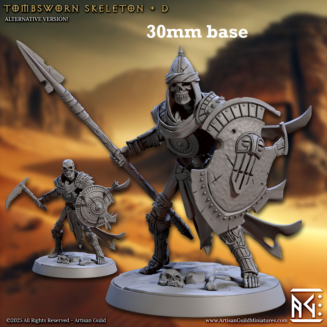 Image shows 3D renders of two sculpt options for a skeleton warrior gaming miniature.