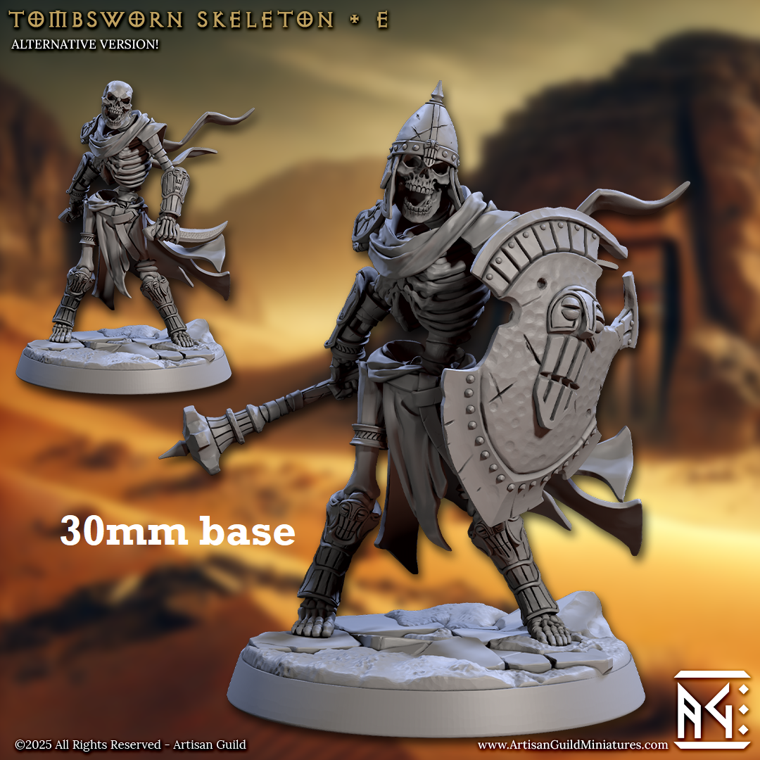 Image shows 3D renders of two sculpt options for a skeleton warrior gaming miniature.