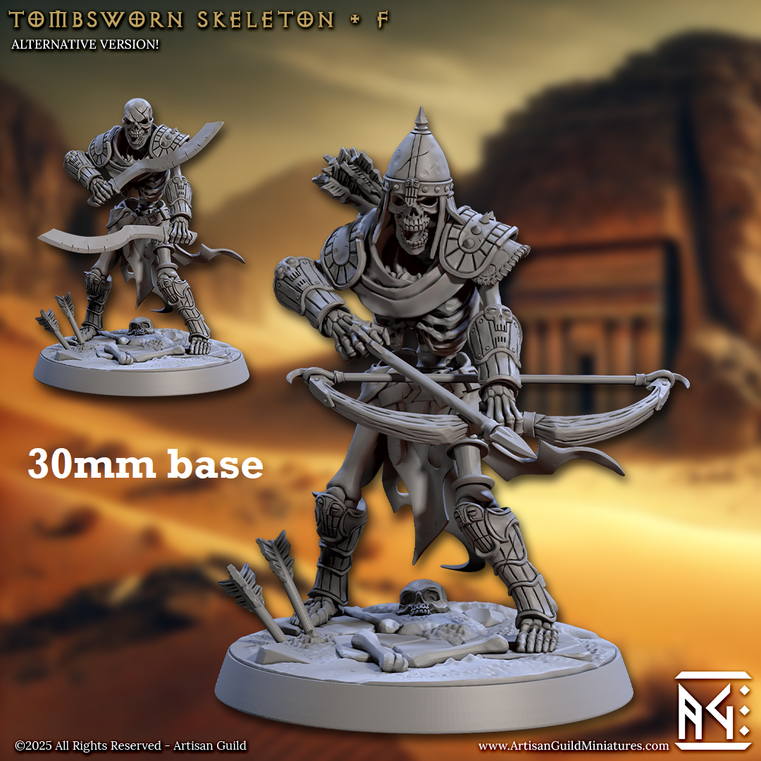 Image shows 3D renders of two sculpt options for a skeleton warrior gaming miniature.