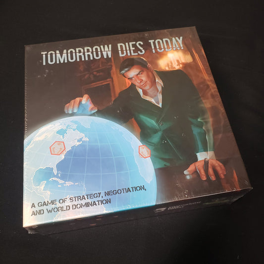 Image shows the front cover of the box of the Tomorrow Dies Today board game