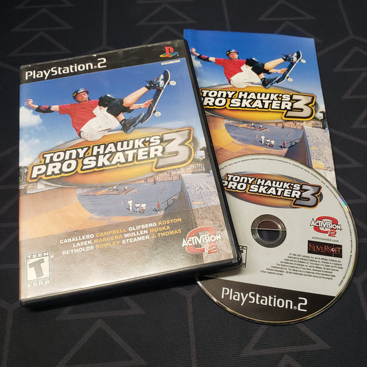 Image shows the case, manual and disc for the video game Tony Hawk's Pro Skater 3 for Playstation 2