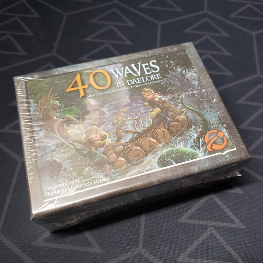 Image shows the front of the box for the 40 Waves in Daelore expansion for the board game Too Many Bones
