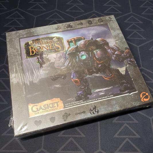 Image shows the front cover of the box for the Gasket expansion from the board game Too Many Bones