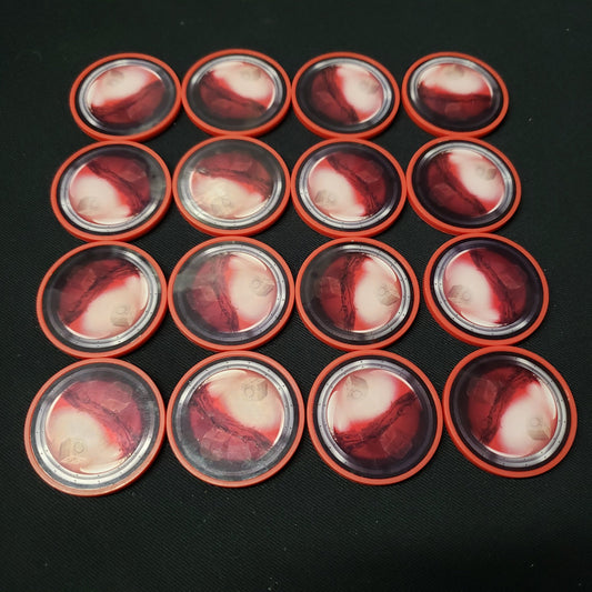 Image shows 16 premium health chips for the board game Too Many Bones
