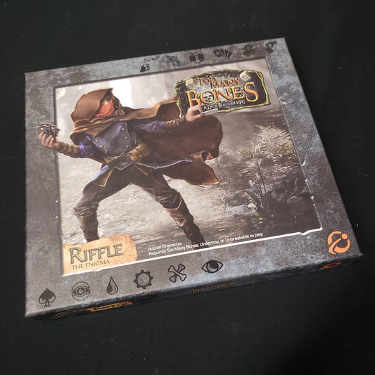 Image shows the front cover of the box for the Riffle expansion from the board game Too Many Bones