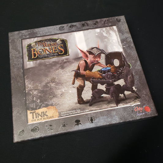 Image shows the front cover of the box for the Tink expansion from the board game Too Many Bones