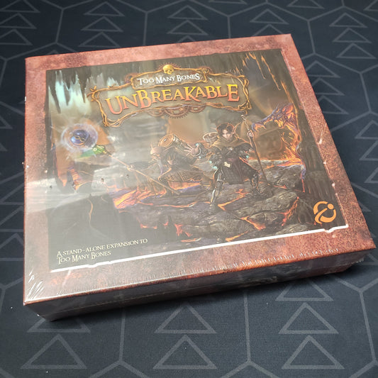 Image shows the front cover of the box of the Too Many Bones: Unbreakable board game