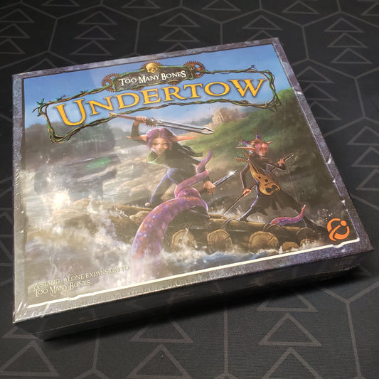 Image shows the front cover of the box of the Too Many Bones: Undertow board game