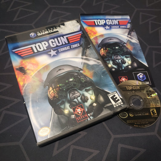 Image shows the case, manual and disc for the video game Top Gun: Combat Zones for Nintendo GameCube