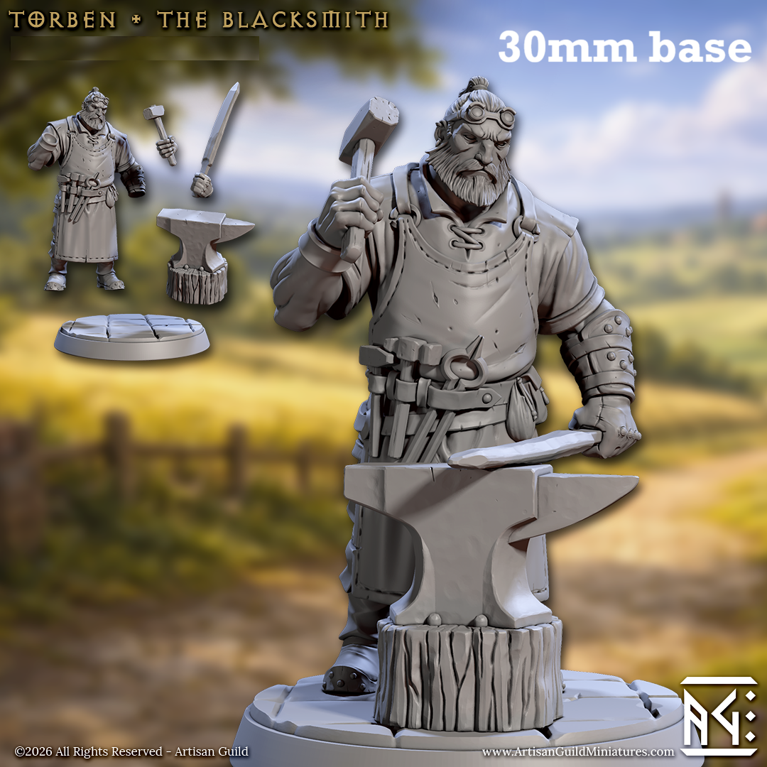 Image shows a 3D render of a human blacksmith gaming miniature.