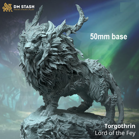 Image shows a 3D render of antlered lion gaming miniature