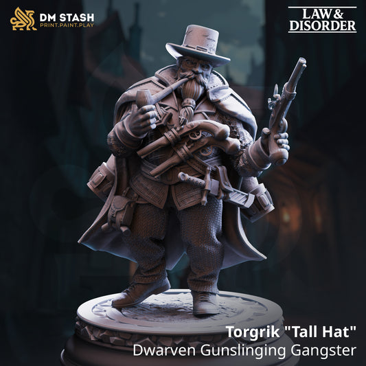 Image shows a 3D render of a dwarf gunslinger gaming miniature.