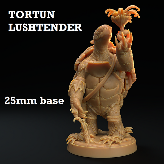 Image shows a 3D render of a turtlefolk shaman gaming miniature