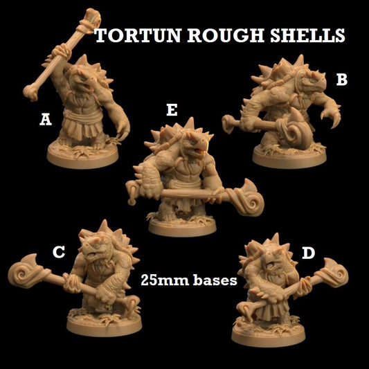 Image shows 3D renders for five different sculpt options of a turtlefolk warrior gaming miniature
