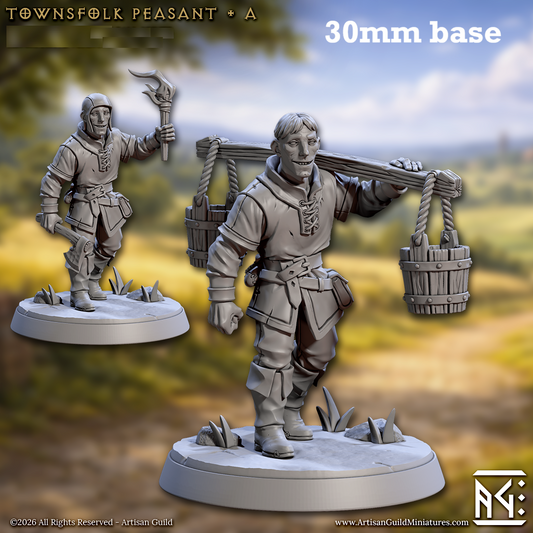 Image shows 3D renders of two sculpt options for a human villager gaming miniature.