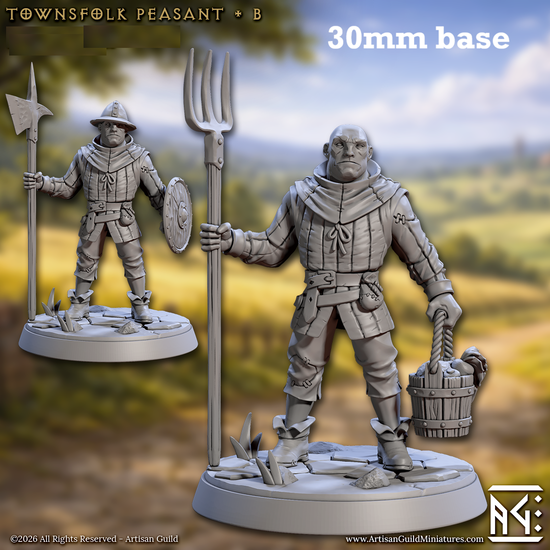 Image shows 3D renders of two sculpt options for a human villager gaming miniature.