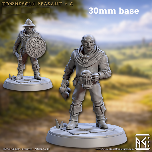 Image shows 3D renders of two sculpt options for a human villager gaming miniature.