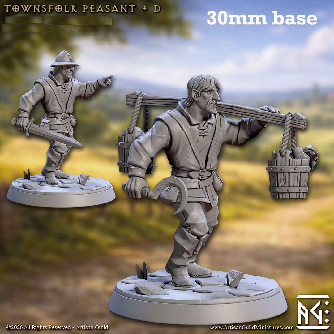 Image shows 3D renders of two sculpt options for a human villager gaming miniature.