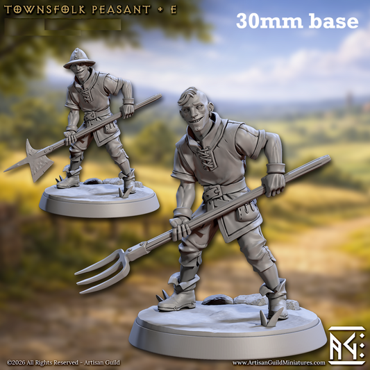 Image shows 3D renders of two sculpt options for a human villager gaming miniature.