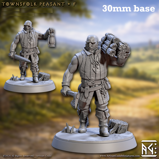 Image shows 3D renders of two sculpt options for a human villager gaming miniature.