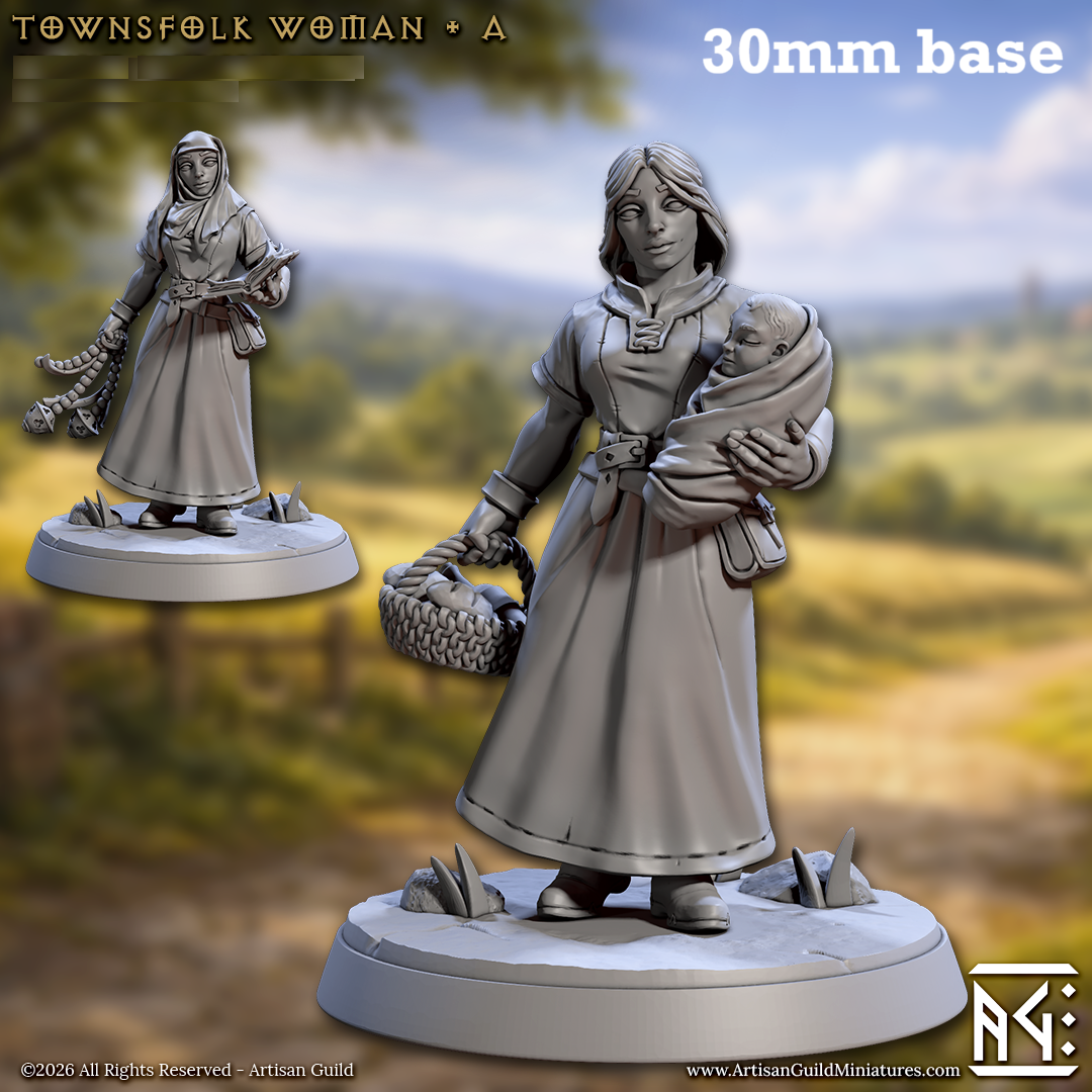 Image shows 3D renders of two sculpt options for a human villager gaming miniature.