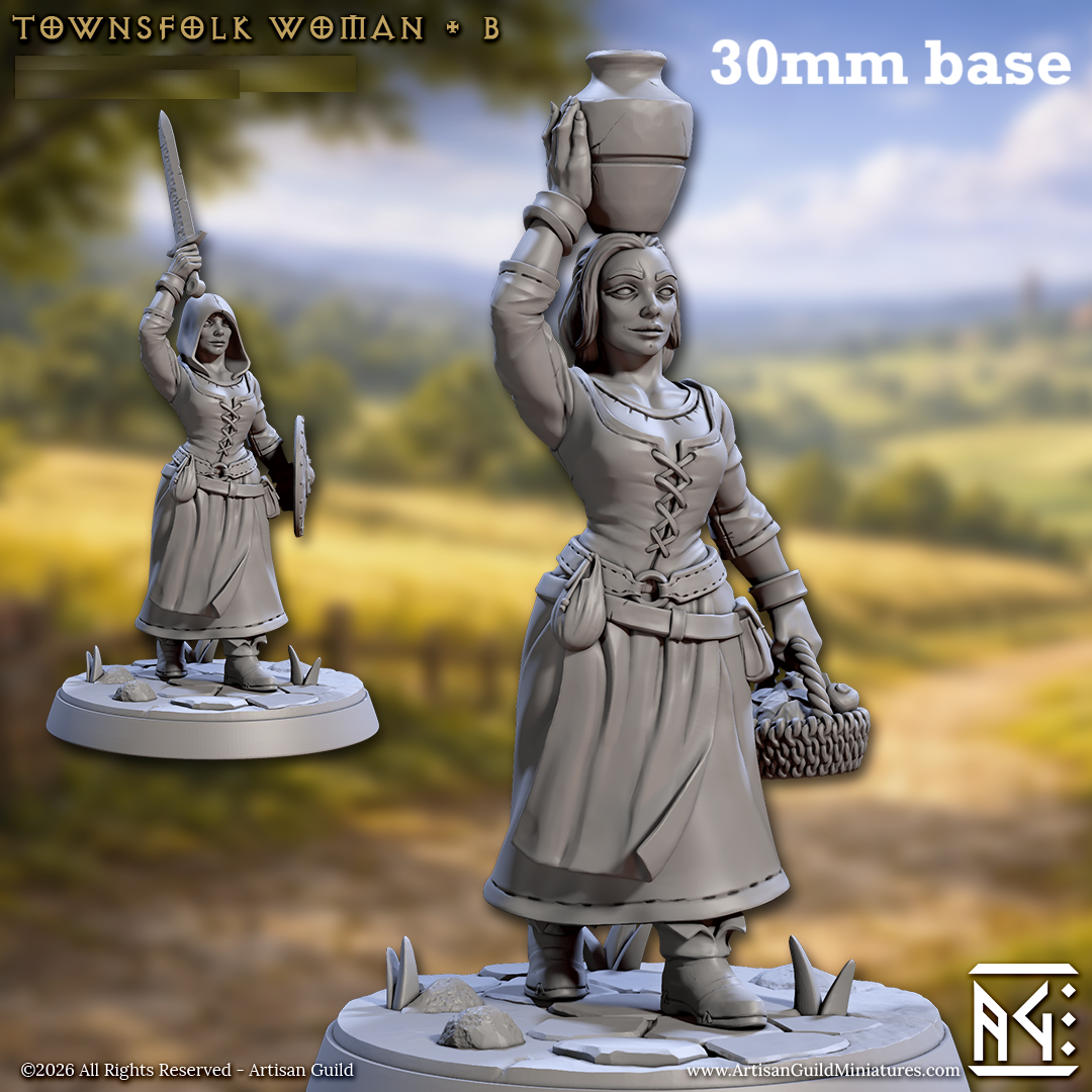 Image shows 3D renders of two sculpt options for a human villager gaming miniature.