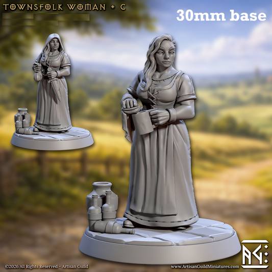 Image shows 3D renders of two sculpt options for a human villager gaming miniature.