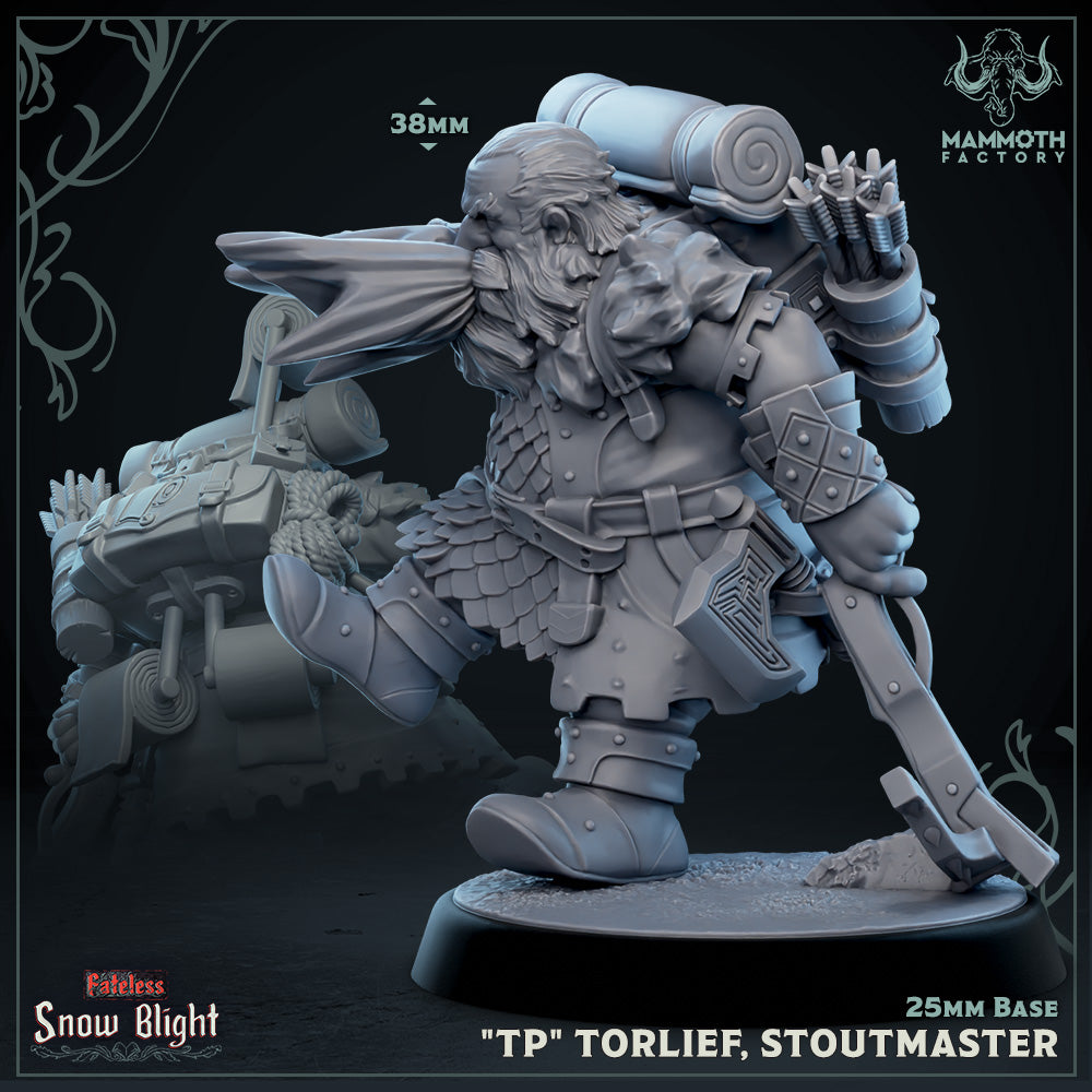 Image shows a 3D render of a dwarf fighter gaming miniature