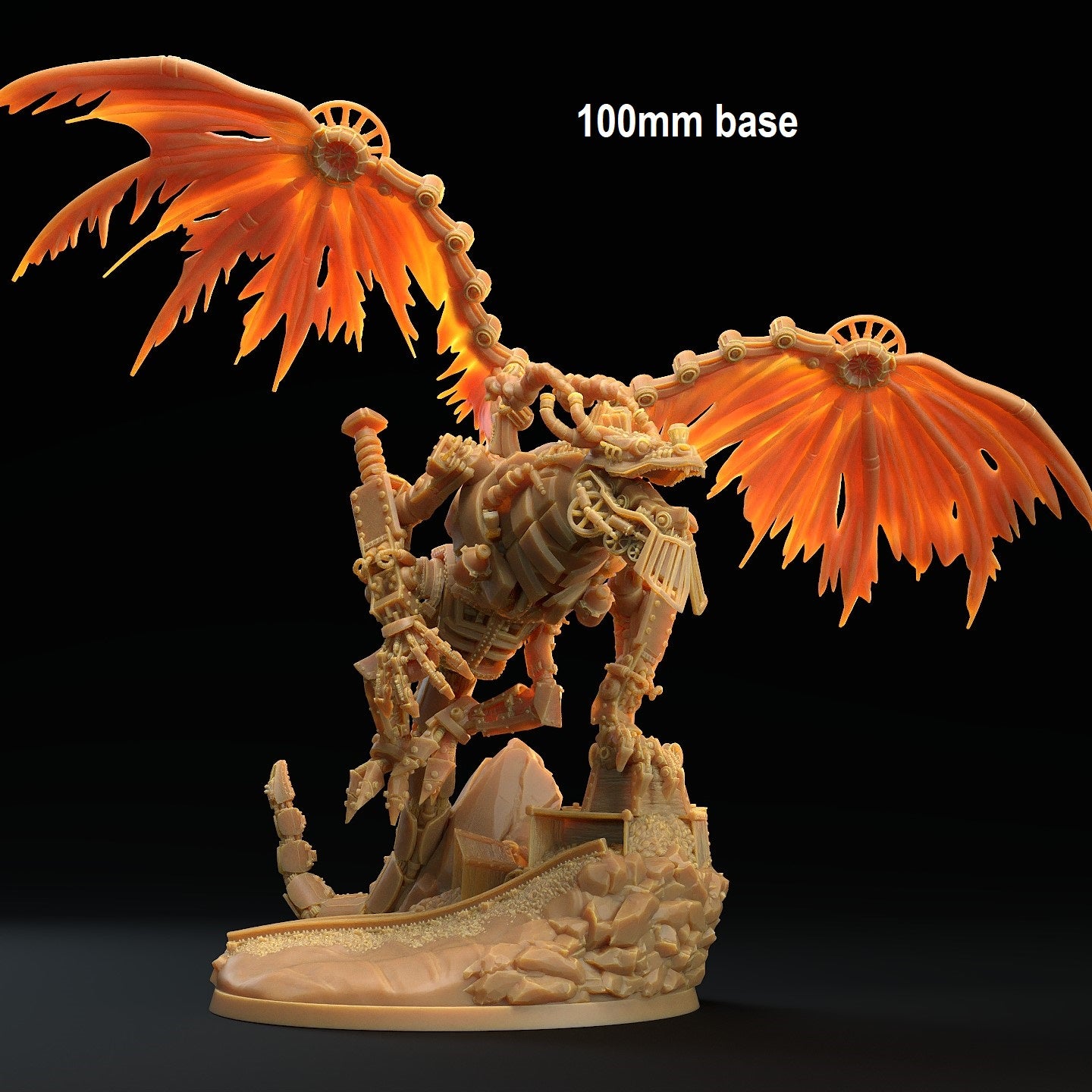 Image shows an 3D render of a gaming miniature of a dragon made of train parts