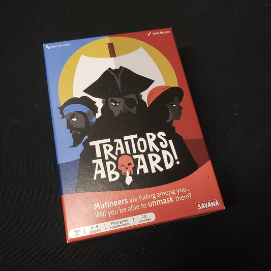 Image shows the front cover of the box of the Traitors Aboard card game