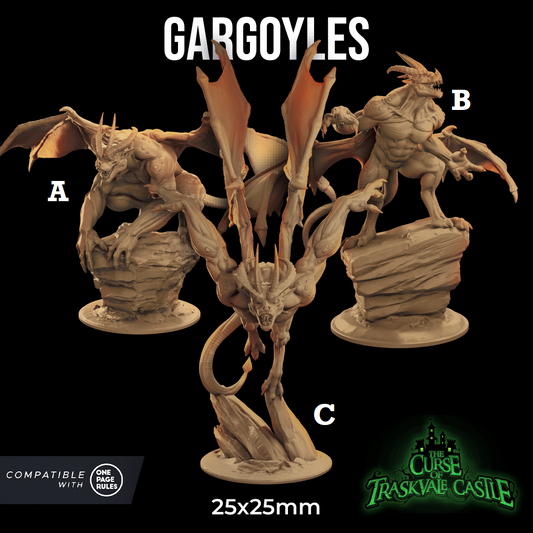 Image shows 3D renders of three different sculpt options for a gargoyle gaming miniature