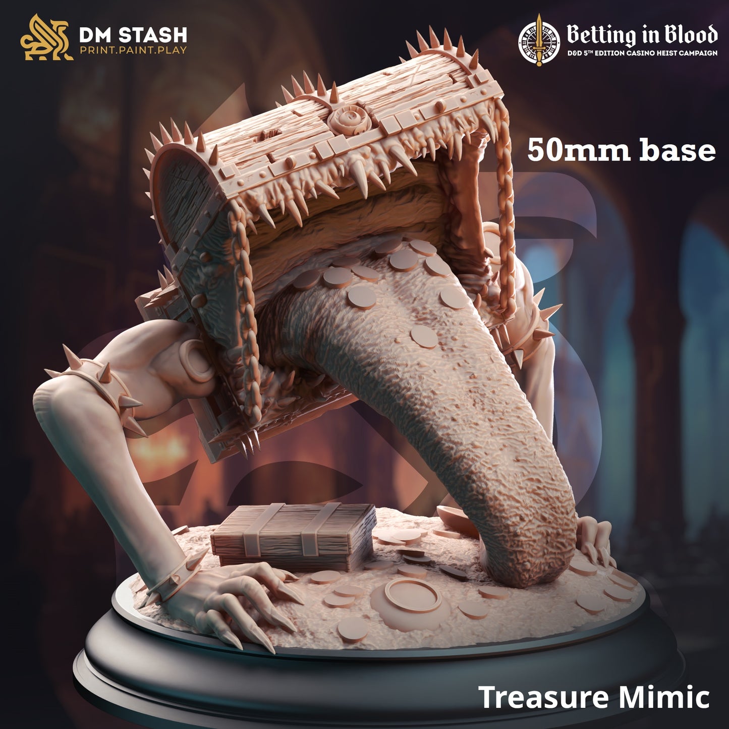 Image shows a 3D render of a treasure chest mimic gaming miniature