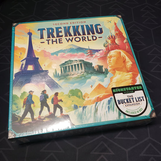 Image shows the front cover of the box for the Trekking the World (Second Edition) board game