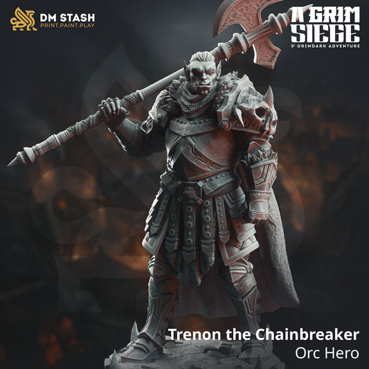 Image shows a 3D render of a half-orc barbarian gaming miniature.