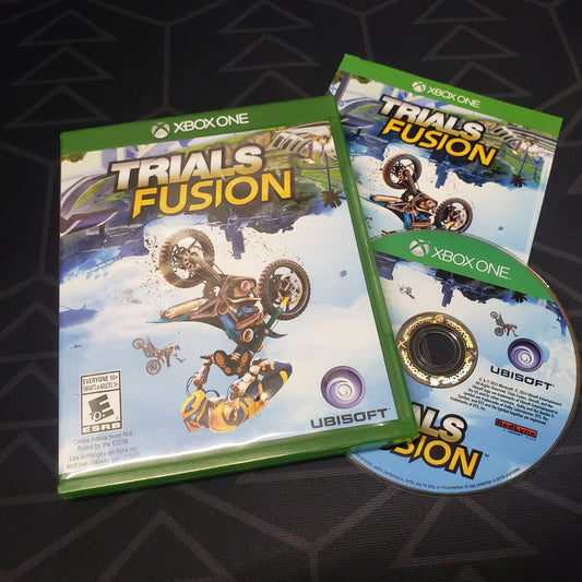 Image shows the case, manual and disc for the video game Trials Fusion for Xbox One