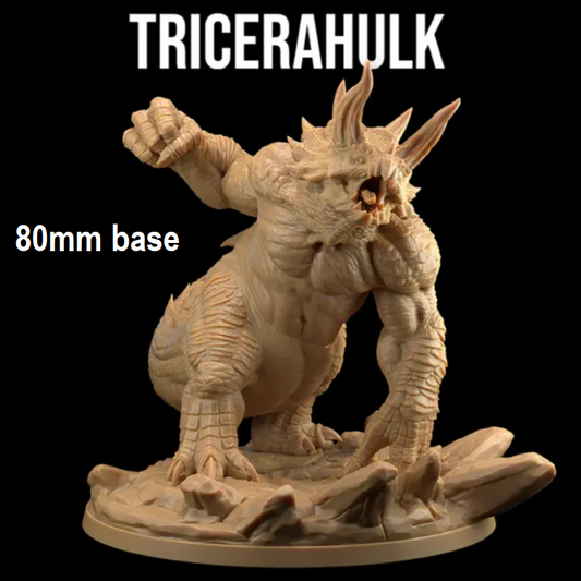 Image shows a 3D render of a triceratops hybrid gaming miniature, charging with its fist raised