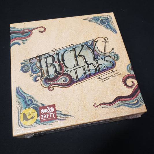 Image shows the front cover of the box of the Tricky Tides board game