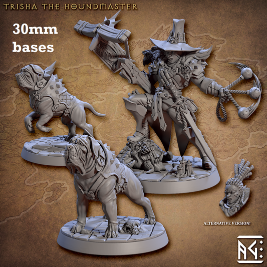 Image shows 3D renders of a human beastmaster gaming miniature with her two hounds