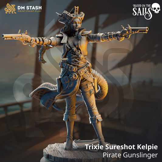 Image shows a 3D render of a devil pirate gunslinger gaming miniature.