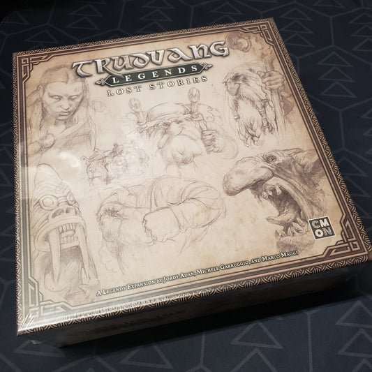 Image shows the front cover of the box of the Lost Stores expansion for the board game Trudvang Legends