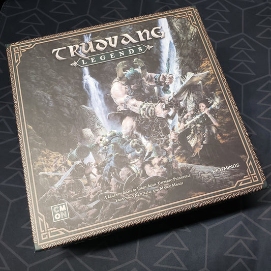 Image shows the front cover of the box of the Trudvang Legends board game