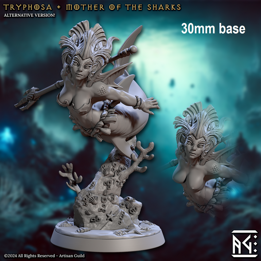 Image shows a 3D render of a mermaid warrior gaming miniature