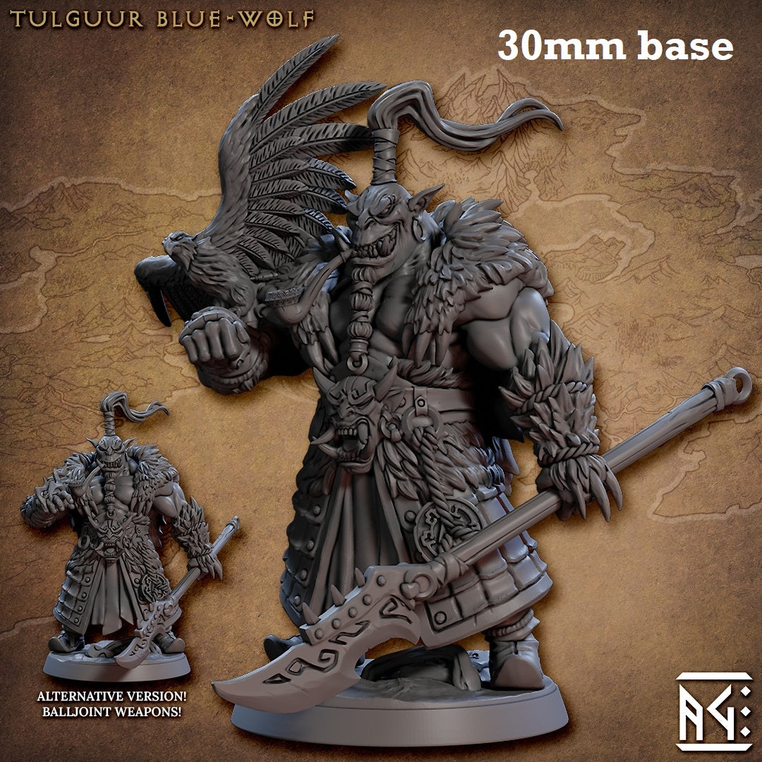 Image shows a 3D render of an orc shaman gaming miniature.