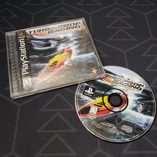 Image shows the jewel case with manual and disc for the video game Turbo Prop Racing for Playstation 1