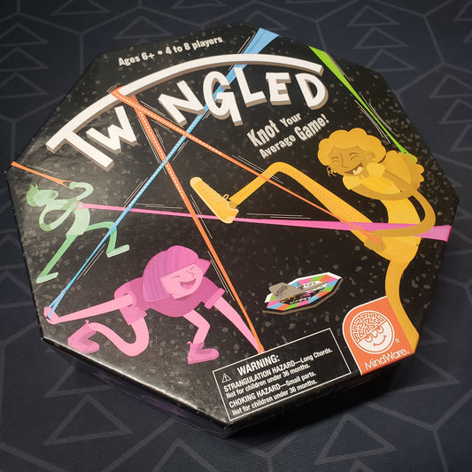 Image shows the front cover of the box for the Twangled board game