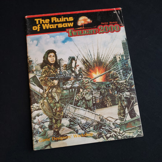 Image shows the front cover of the Ruins of Warsaw book for the Twilight: 2000 roleplaying game