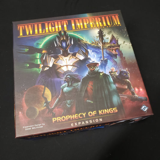 Image shows the front cover of the box of the Prophecy of Kings expansion for the board game Twilight Imperium